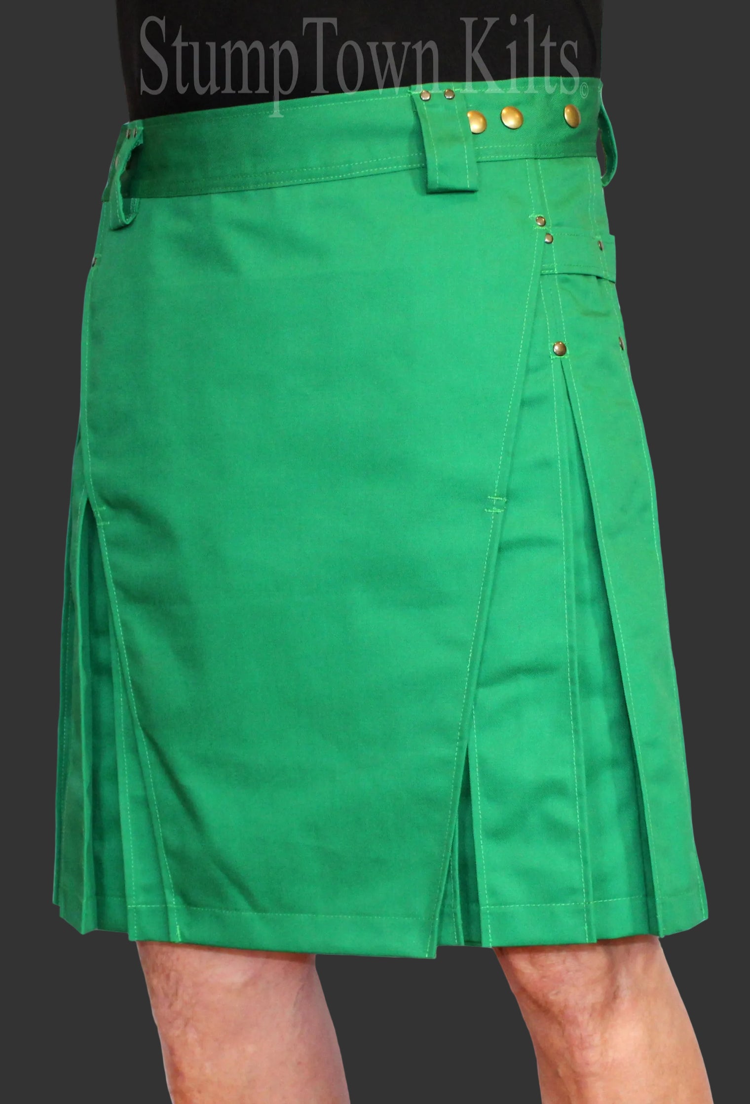 kelly green men's kilt with antique brass rivets and snaps