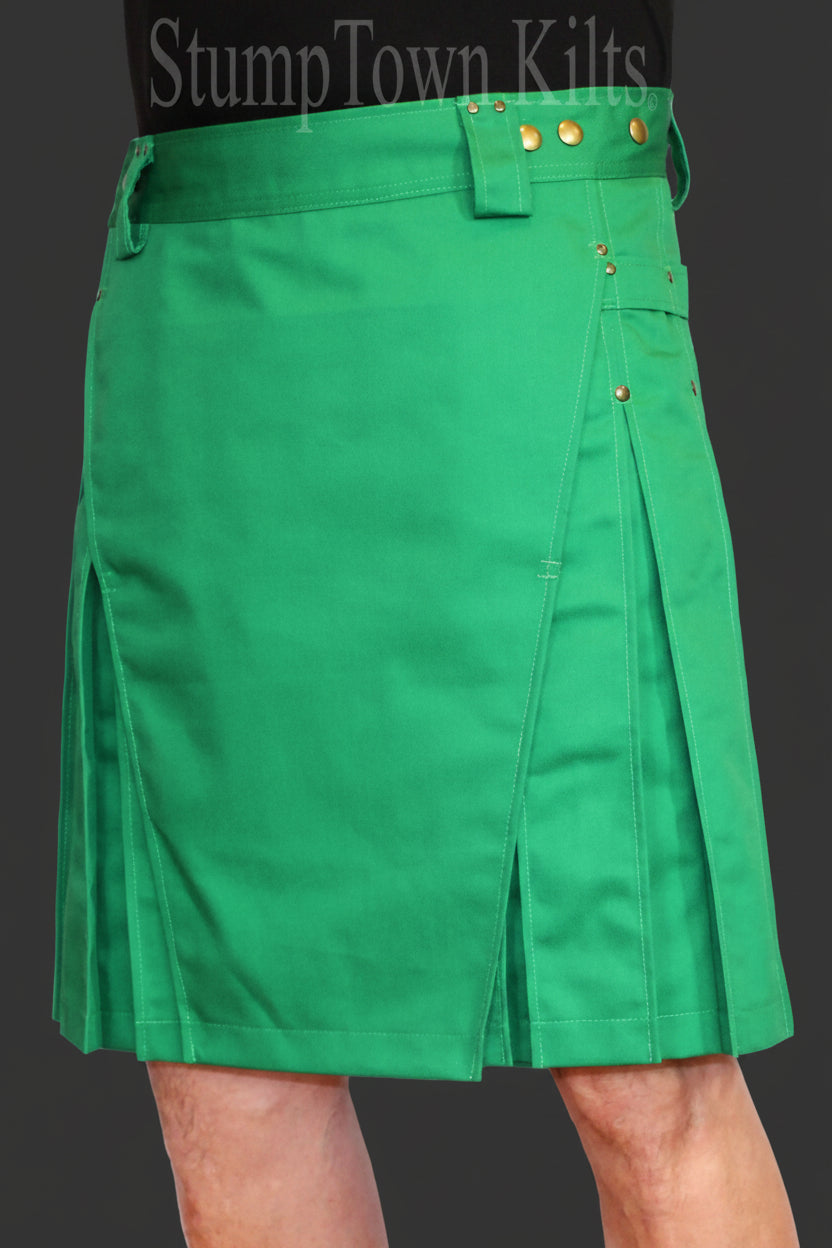 kelly green men's kilt with antique brass rivets and snaps