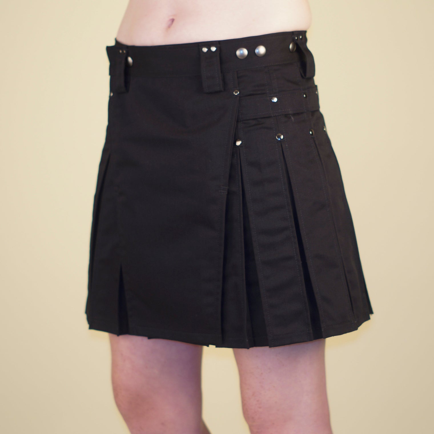 black kilt for women with gunmetal rivets and snaps