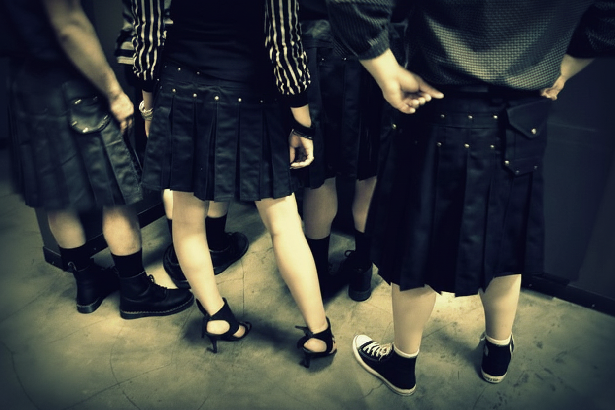 Group of people wearing dark kilts and shoes in a close-up shot.
