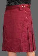 men's burgundy kilt with antique brass rivets and snaps