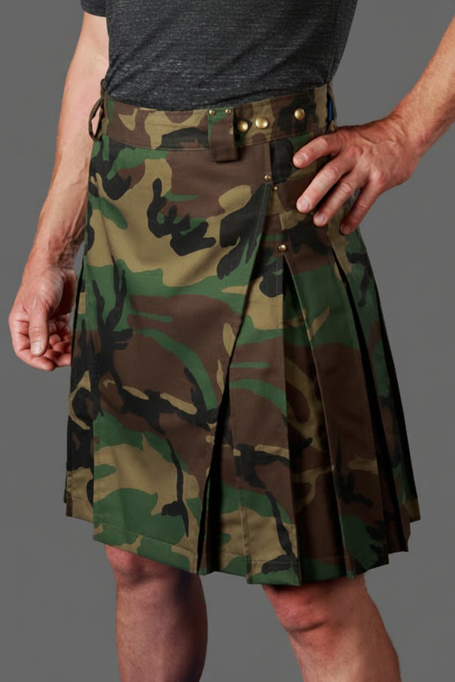 Camouflage kilt worn by a person on a gray background
