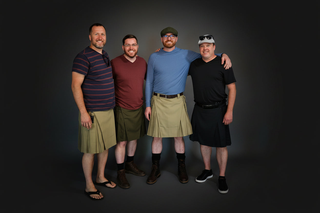 Five men wearing Stumptown Kilts in a studio modeling Men's Kilts