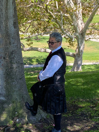 Male model in a Pinstripe Kilt with a large rivet pocket